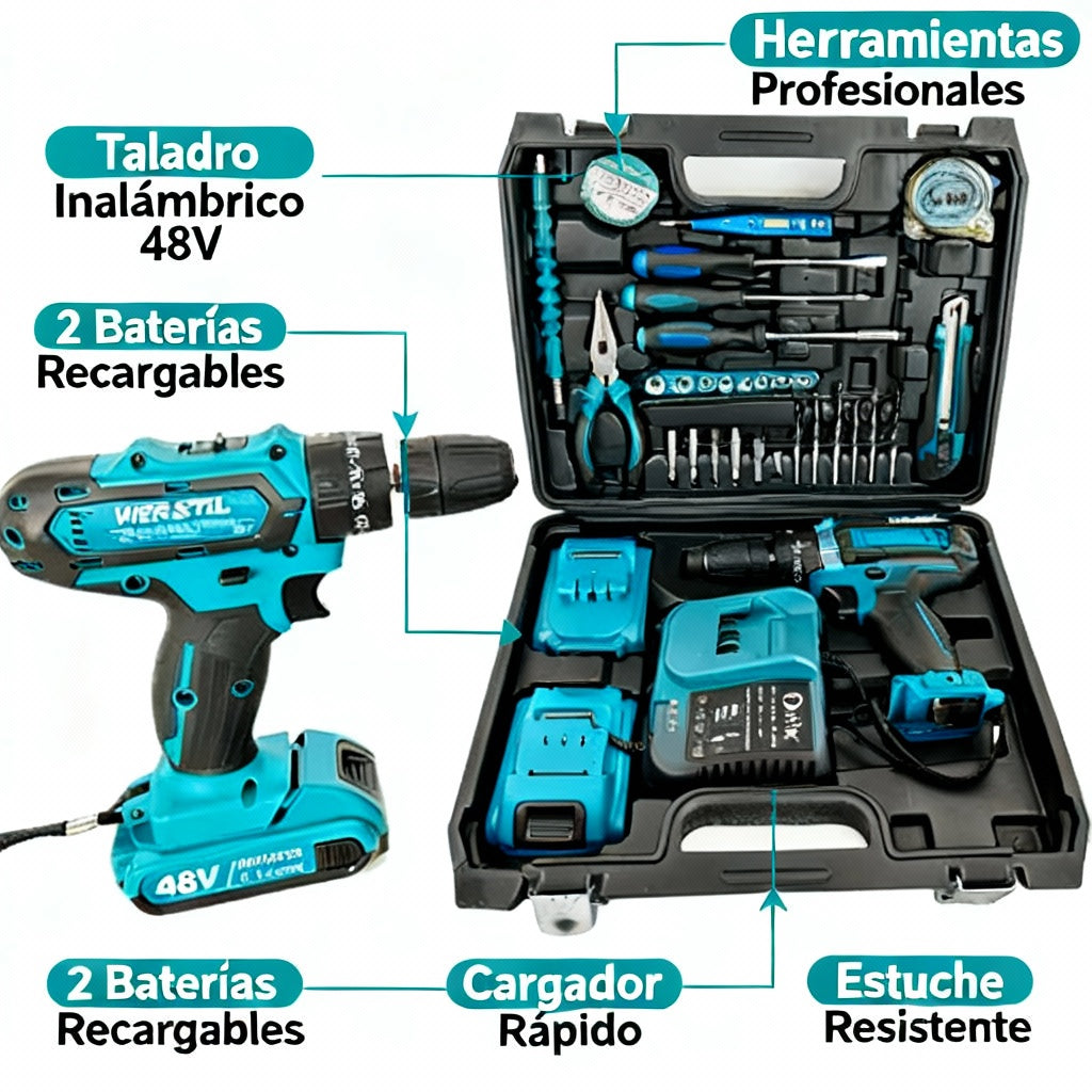 DrillMaster Pro™ - Kit Profesional de Taladro Inalámbrico 48V + 2 Baterías 5Ah + 30 Accesorios